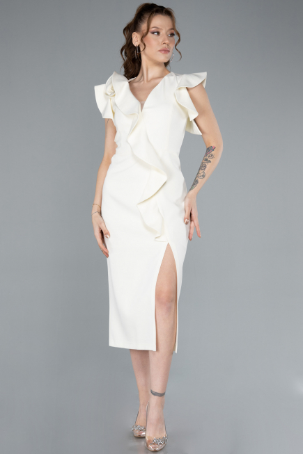Cream Slit Midi Plus Size Invitation Dress ABK2278