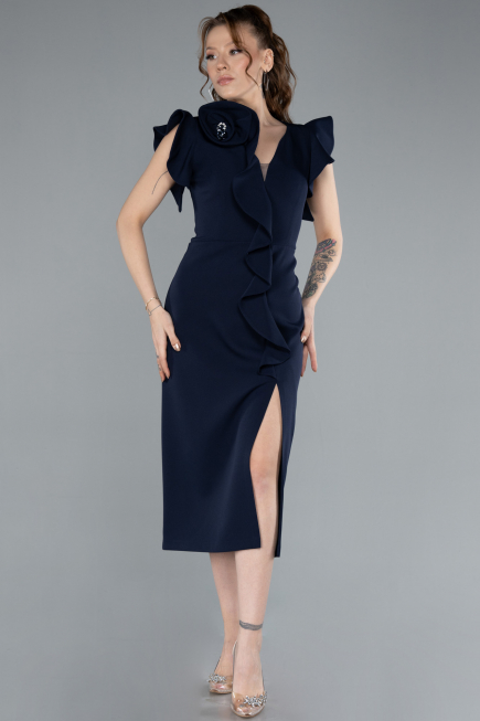 Navy Blue Slit Midi Cocktail Dress ABK2277