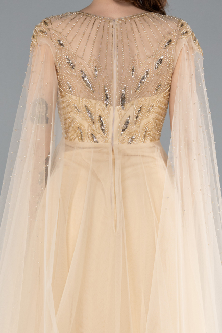 Gold Beaded Cape Long Haute Couture Dress ABU4707