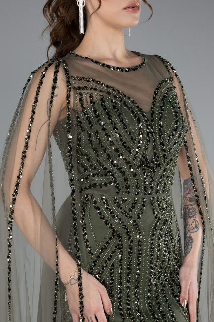 Olive Drab Beaded Cape Long Haute Couture Dress ABU4709