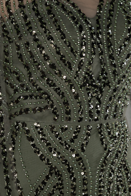 Olive Drab Beaded Cape Long Haute Couture Dress ABU4709