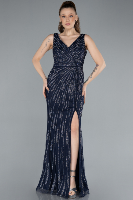 Long Navy Blue Plus Size Evening Gown ABU4717
