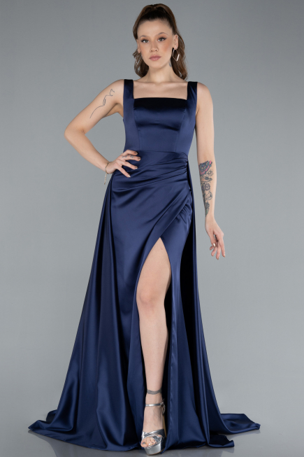 Long Navy Blue Satin Evening Dress ABU4715