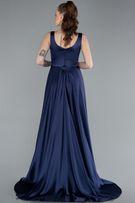 Long Navy Blue Satin Evening Dress ABU4715