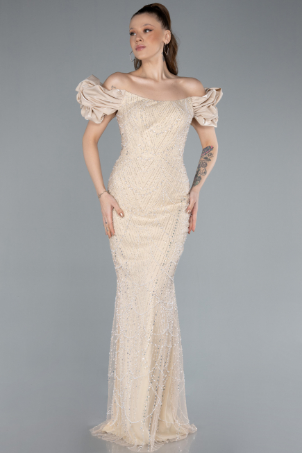 Gold Stone Strapless Sleeve Accessories Long Mermaid Evening Gown ABU4509