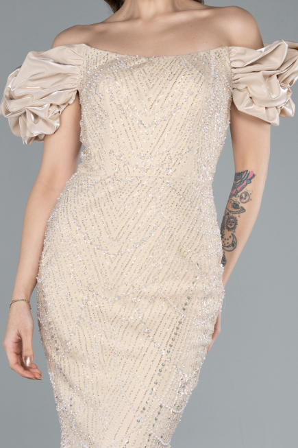 Gold Stone Strapless Sleeve Accessories Long Mermaid Evening Gown ABU4509