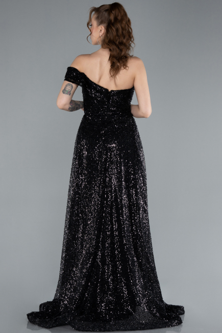 Black One Shoulder Taıled Sequined Long Evening Gown ABU4691