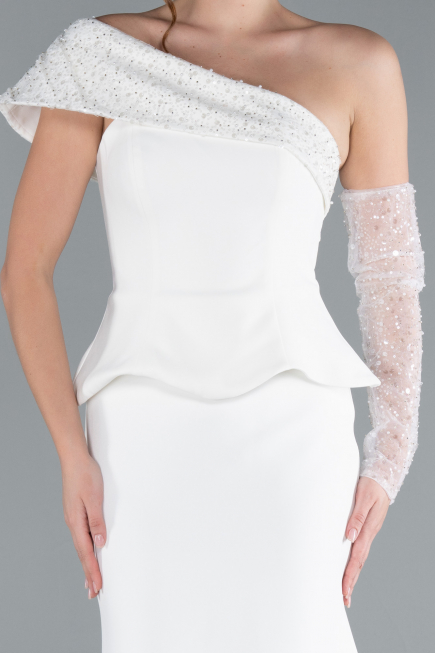 White Sequined One Shoulder Peplum Long Evening Gown ABU4730