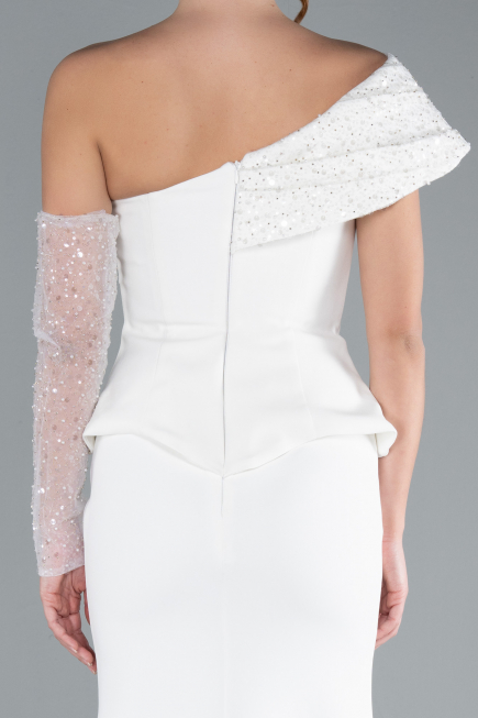 White Sequined One Shoulder Peplum Long Evening Gown ABU4730