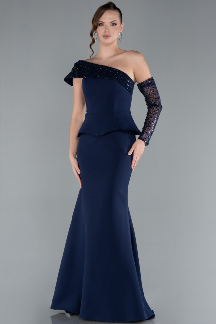 Navy Blue Sequined One Shoulder Peplum Long Evening Gown ABU4730