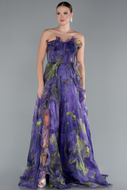 Purple Strapless Printed Slit Long Prom Gown ABU4734