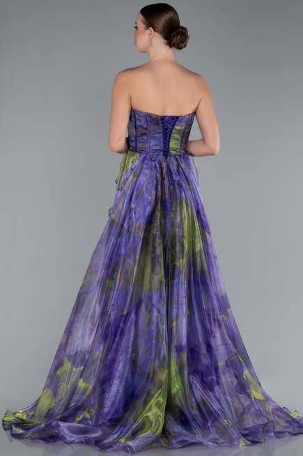 Purple Strapless Printed Slit Long Prom Gown ABU4734