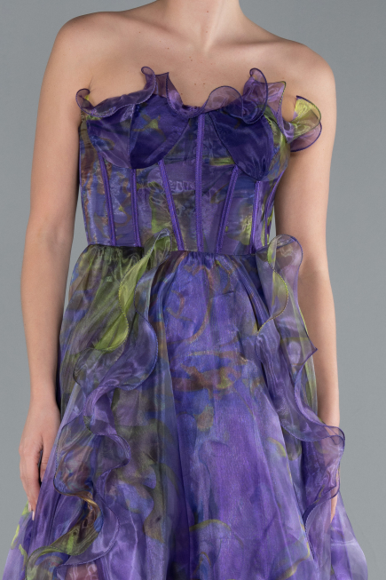 Purple Strapless Printed Slit Long Prom Gown ABU4734