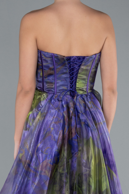 Purple Strapless Printed Slit Long Prom Gown ABU4734