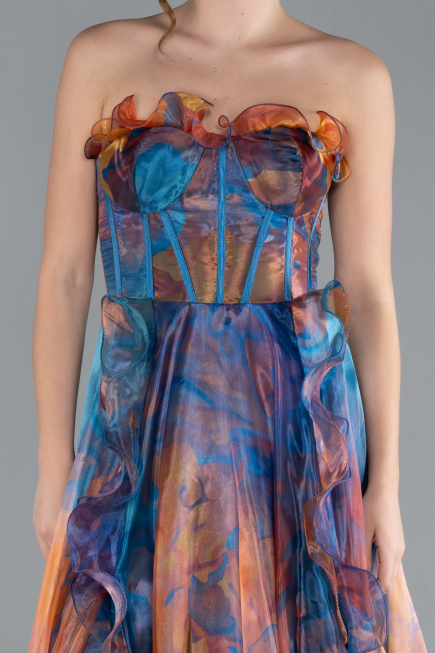Oil Blue Strapless Printed Slit Long Prom Gown ABU4734