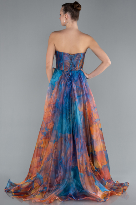 Oil Blue Strapless Printed Slit Long Prom Gown ABU4734