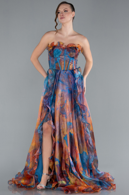 Oil Blue Strapless Printed Slit Long Prom Gown ABU4734