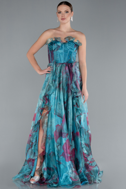 Oil Green Strapless Printed Slit Long Prom Gown ABU4734