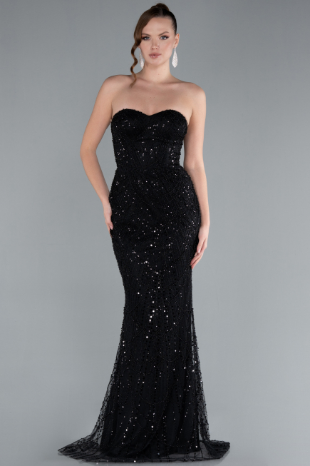 Black Strapless Shawl Stoned Long Evening Gown ABU4517