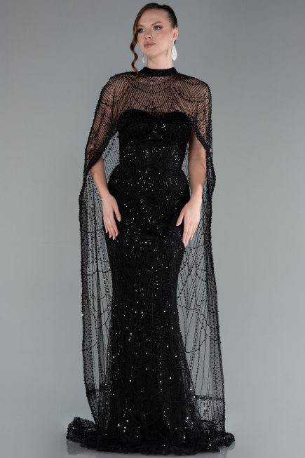 Black Strapless Shawl Stoned Long Evening Gown ABU4517