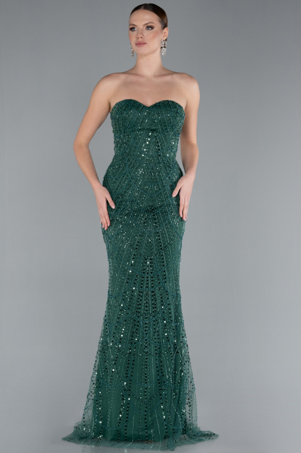 Emerald Green Strapless Shawl Stoned Long Evening Gown ABU4517