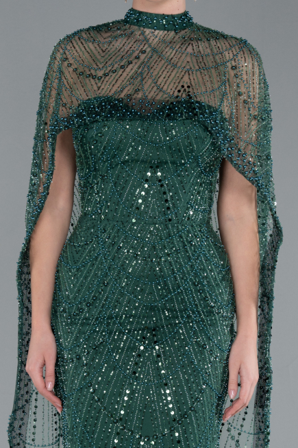 Emerald Green Strapless Shawl Stoned Long Evening Gown ABU4517