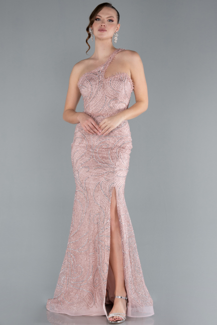 Powder Color One Shoulder Slit Long Glitter Mermaid Evening Gown ABU4697