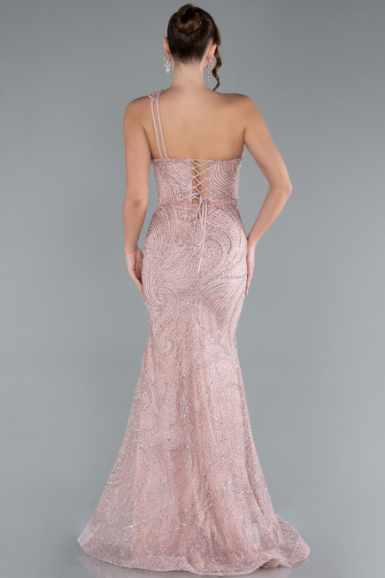 Powder Color One Shoulder Slit Long Glitter Mermaid Evening Gown ABU4697