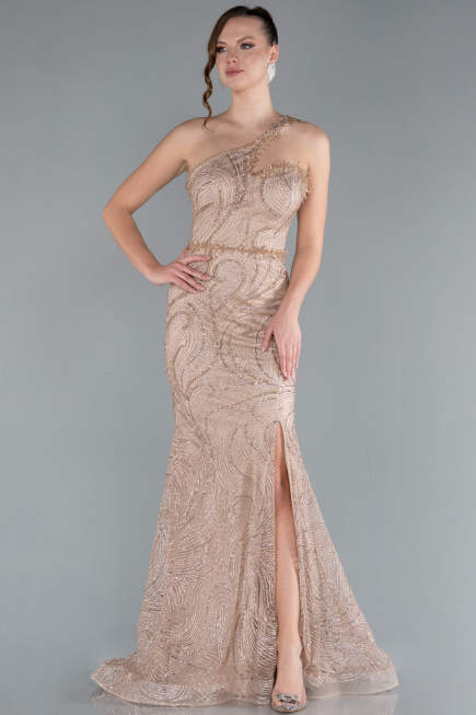 Mink One Shoulder Slit Long Glitter Mermaid Evening Gown ABU4697