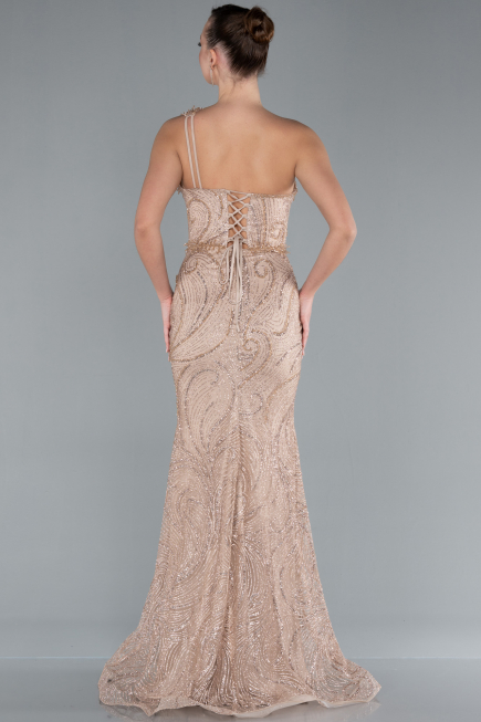 Mink One Shoulder Slit Long Glitter Mermaid Evening Gown ABU4697