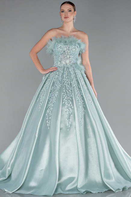 Mint Feathered Strapless Embroidered Long Princess Prom Dress ABU4738