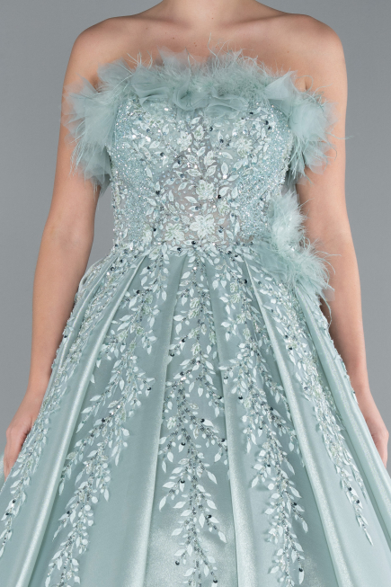 Mint Feathered Strapless Embroidered Long Princess Prom Dress ABU4738