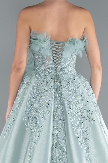 Mint Feathered Strapless Embroidered Long Princess Prom Dress ABU4738