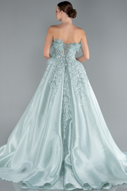 Mint Feathered Strapless Embroidered Long Princess Prom Dress ABU4738