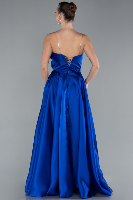 Sax Blue Strapless Slit Long Satin Prom Dress ABU4680