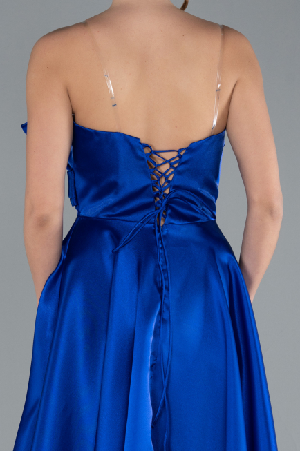 Sax Blue Strapless Slit Long Satin Prom Dress ABU4680