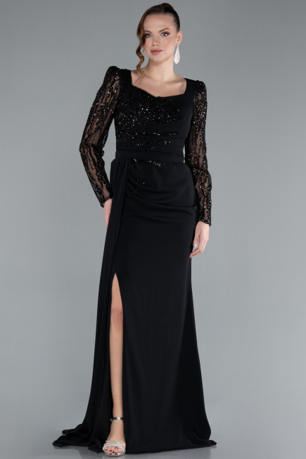 Black Stoned Long Sleeve Slit Chiffon Evening Gown ABU4732