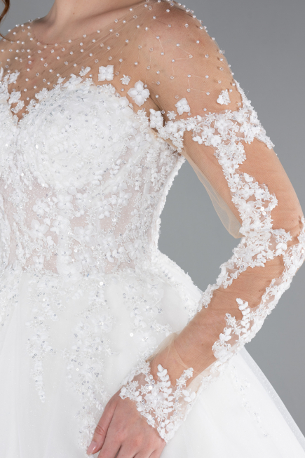 White Laced Long Sleeve Princess Wedding Dress ABG036