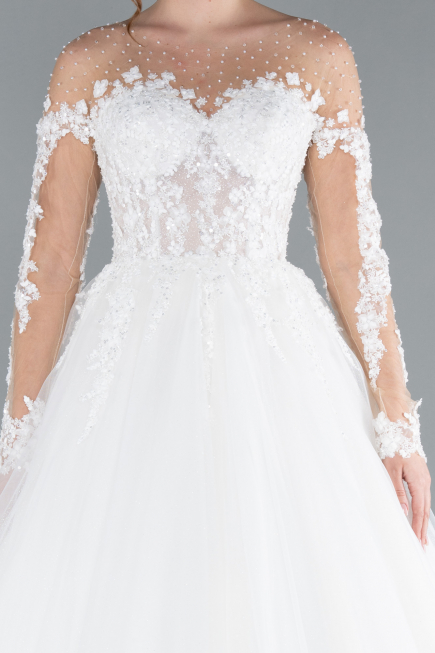 White Laced Long Sleeve Princess Wedding Dress ABG036