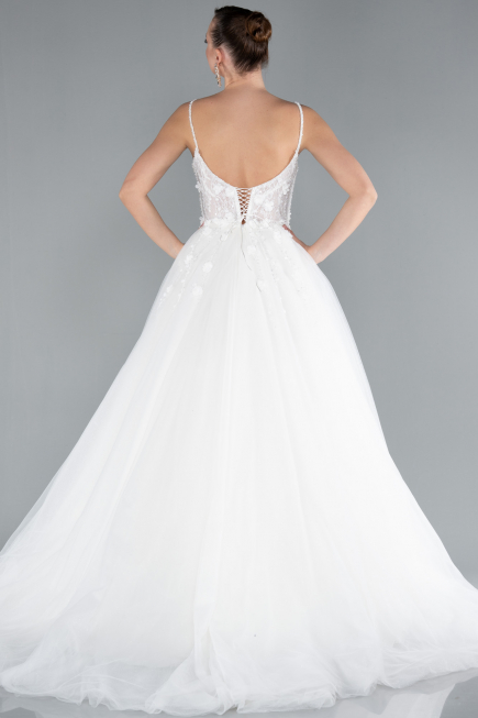 White Laced Straps Long Wedding Dress ABG039