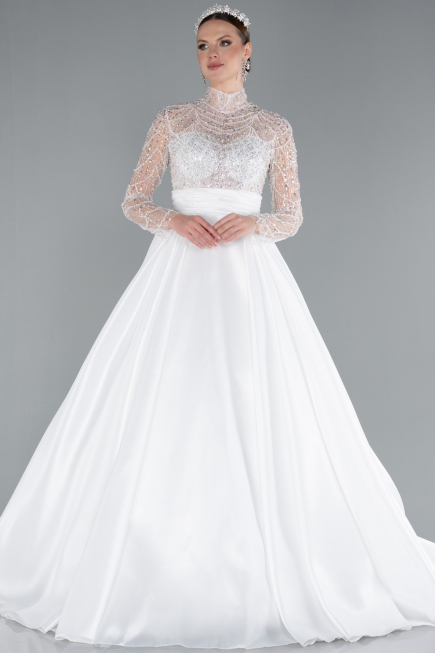 Long White Satin Wedding Dress ABU4249
