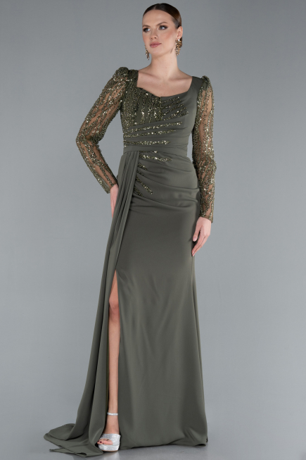 Olive Drab Stoned Long Sleeve Slit Chiffon Evening Gown ABU4732