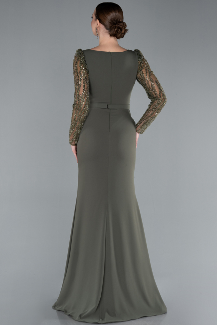 Olive Drab Stoned Long Sleeve Slit Chiffon Evening Gown ABU4732