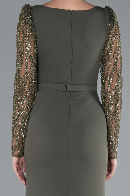Olive Drab Stoned Long Sleeve Slit Chiffon Evening Gown ABU4732