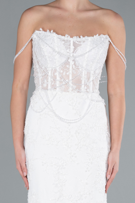 White Beaded Long Fish Model Wedding Dress ABG035