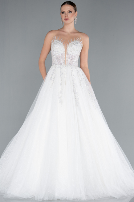 White Strapless Long Neckline Stoned Princess Wedding Dress ABG034