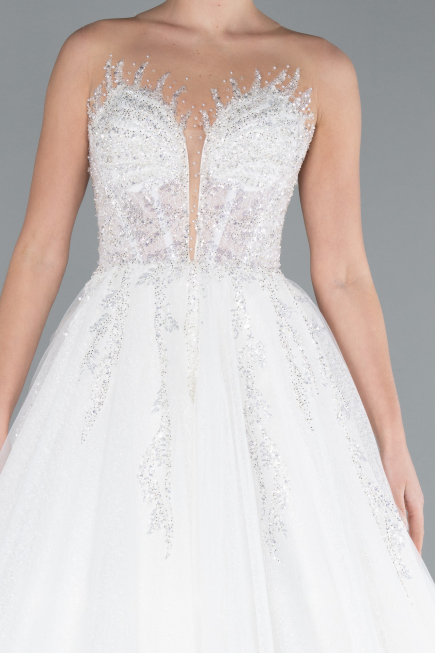 White Strapless Long Neckline Stoned Princess Wedding Dress ABG034