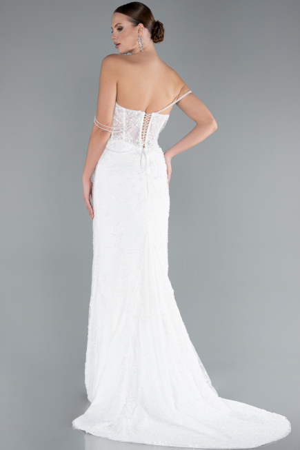 White Beaded Long Fish Model Wedding Dress ABG035