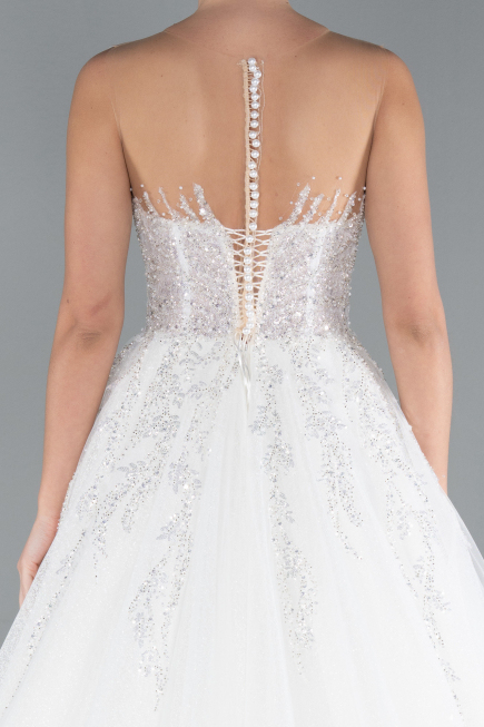 White Strapless Long Neckline Stoned Princess Wedding Dress ABG034