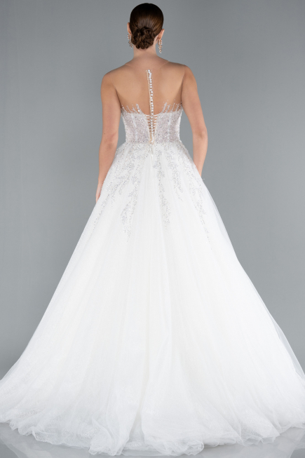 White Strapless Long Neckline Stoned Princess Wedding Dress ABG034